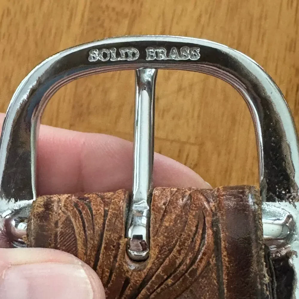Mens Tooled Brown Leather Western Belt Size 40 Silver Bronze Buckle Scrollwork